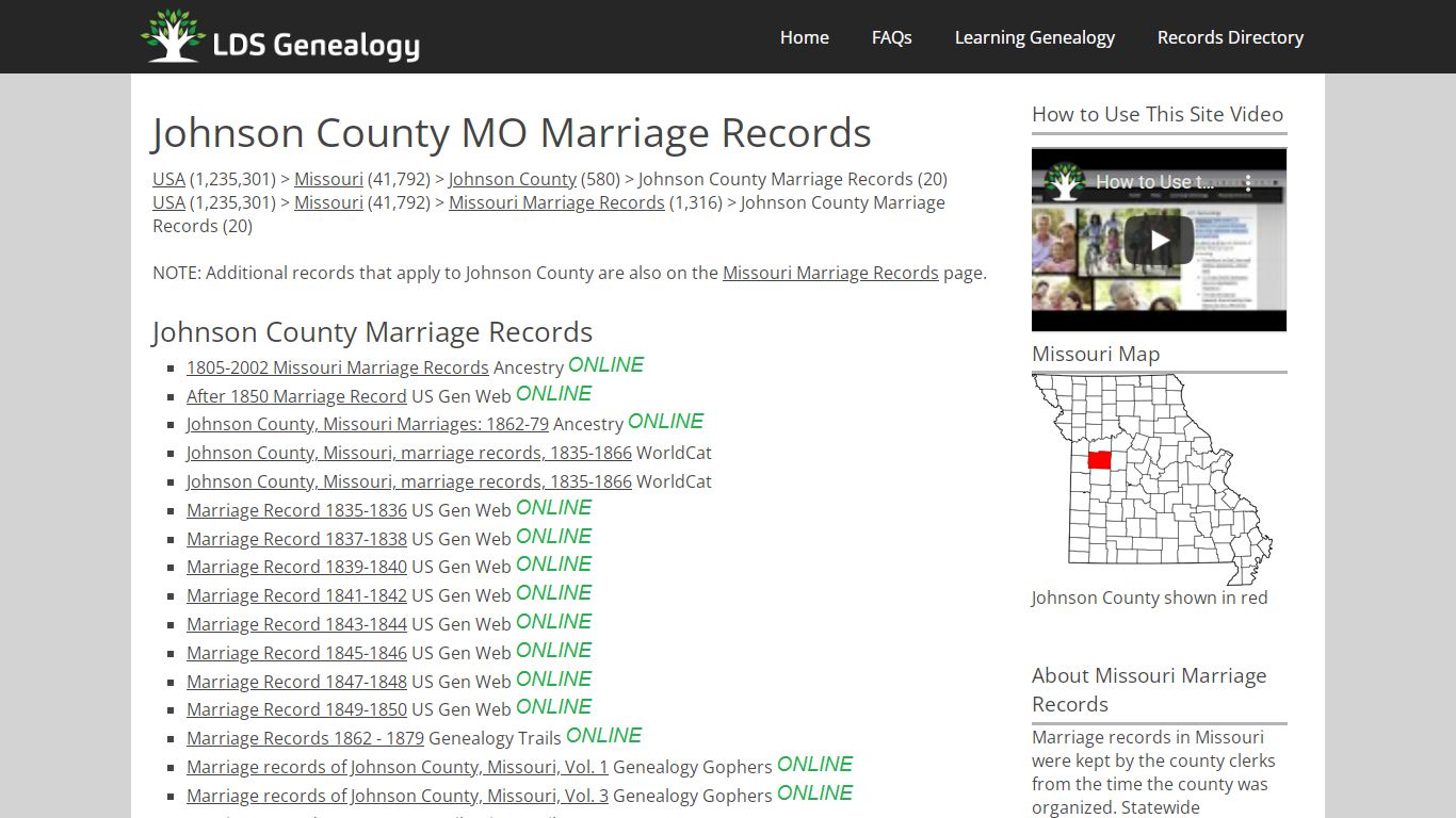 Johnson County MO Marriage Records - LDS Genealogy