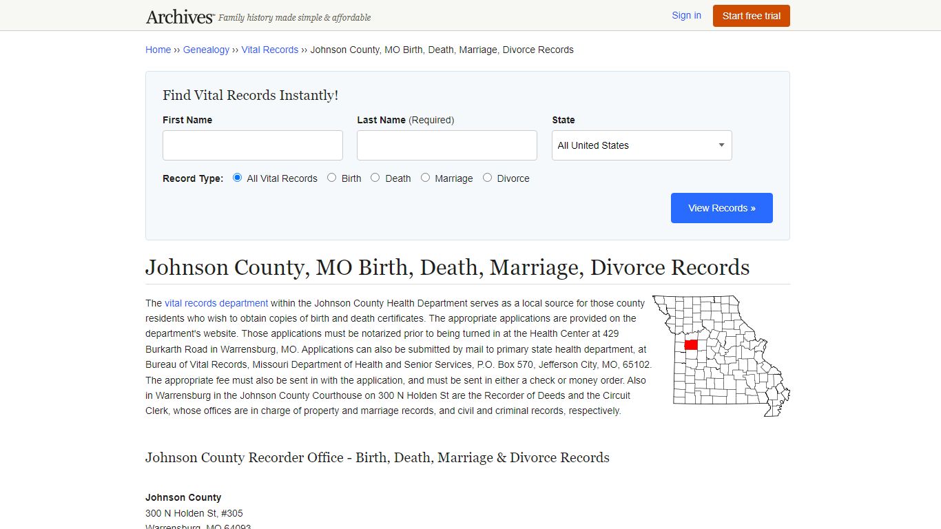 Johnson County, MO Birth, Death, Marriage, Divorce Records - Archives.com